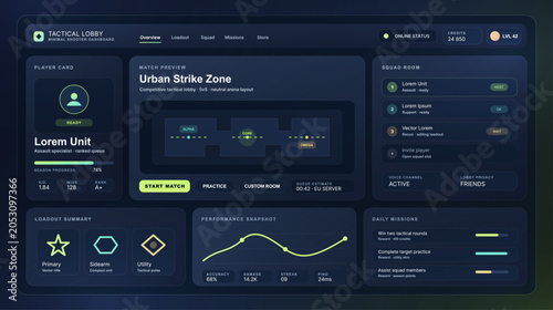 Photos Tactical shooter lobby dashboard UI with player card, match preview, squad room, loadout summary, performance snapshot, daily missions, queue estimate, voice channel and start match controls