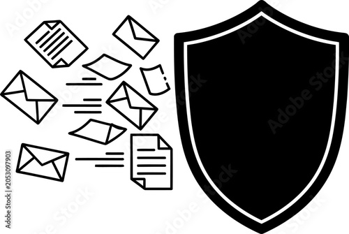 Shield icon protects scattered digital documents and email envelopes from potential cyber threats.