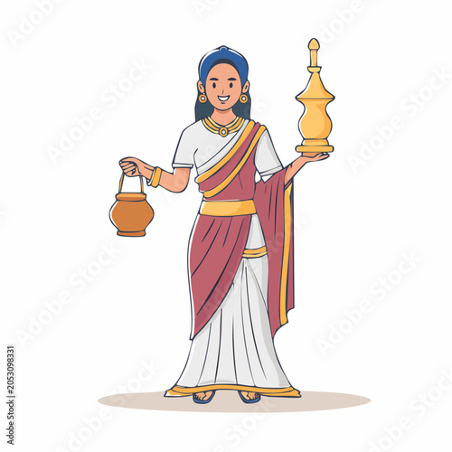 Illustration of a Woman in Traditional Indian Attire Holding Ritual Items