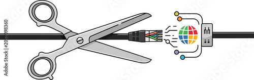 Foto Scissors cutting a black ethernet cable represent the disconnection of digital global network services