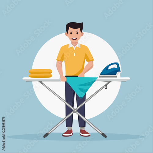 Man ironing clothes on ironing board