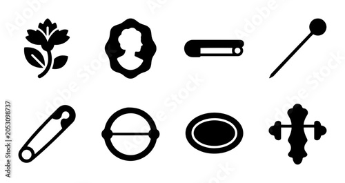 фотографія Vintage Brooch Pins, Safety Pins, and Ornate Emblems Vector Icons Set