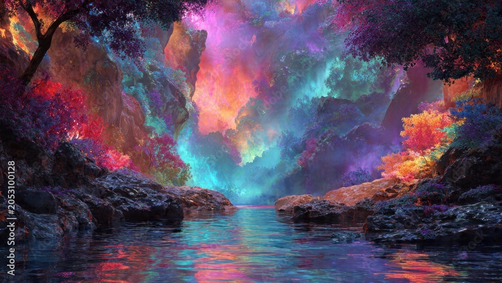Fototapeta premium Fantasy Canyon with Vibrant Rainbow Sky