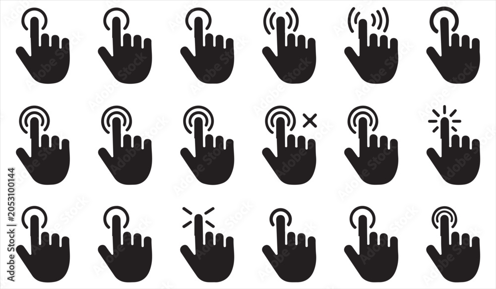 Fototapeta premium Touchscreen Gesture Icons Featuring Tap Click Swipe and Press Hand Symbols