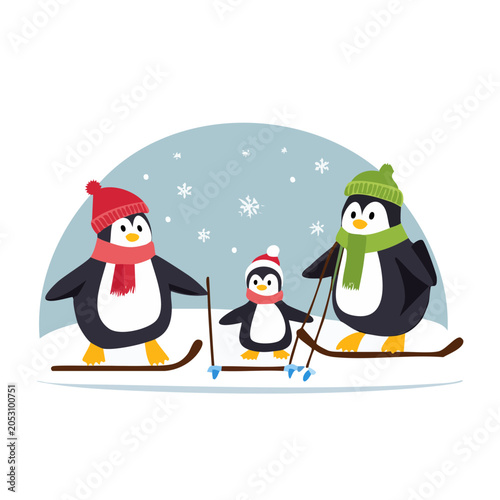 Cartoon penguins skiing in the snow