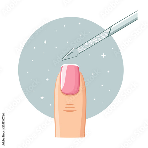 Close-up of nail with pink polish and scissors