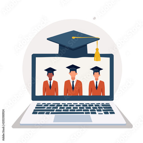 Illustration of virtual graduation with students on laptop