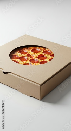 Freshly baked pizza in a cardboard box with a transparent window display