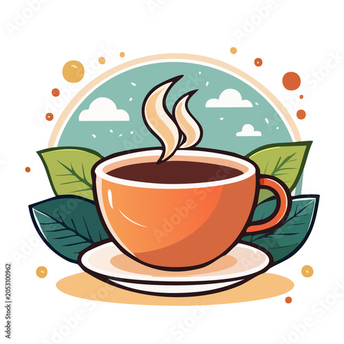 Orange coffee cup with steam and leaves illustration