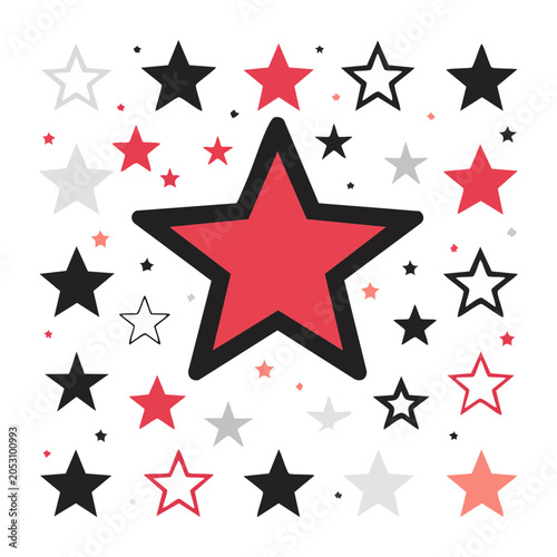 Red star with black outline surrounded by smaller stars
