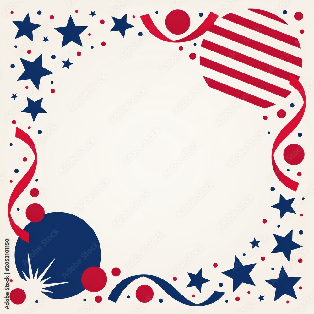 Obraz premium Graphic border featuring red and blue stars with stripes and ribbons frames an empty center for promotional text.