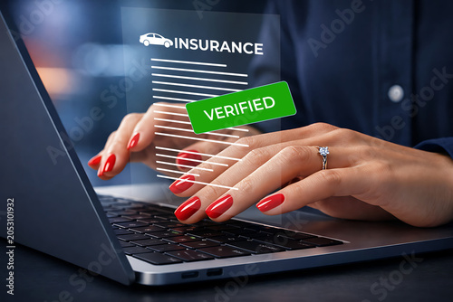 Valokuva Woman Verifying Car Insurance Policy Online on Laptop, Digital Service for Autom