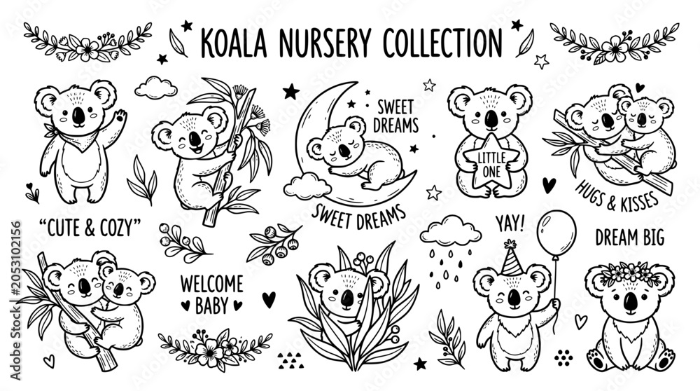 Obraz premium Koala nursery collection with cute baby koalas and floral elements