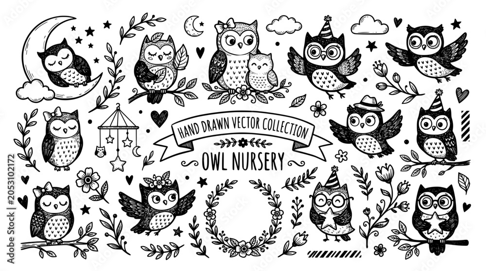 Naklejka premium Hand drawn owl nursery vector collection