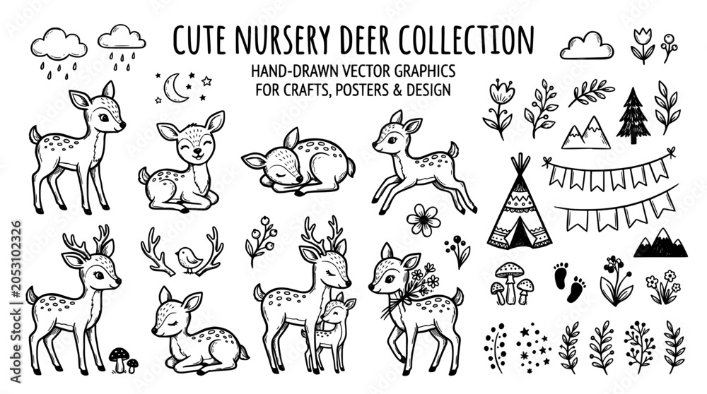 Fototapeta premium Cute nursery deer collection, handdrawn vector graphics for kids design