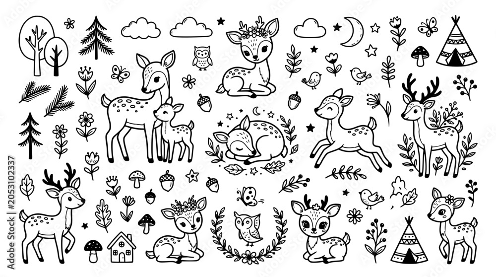 Obraz premium Cute woodland animals and forest elements set