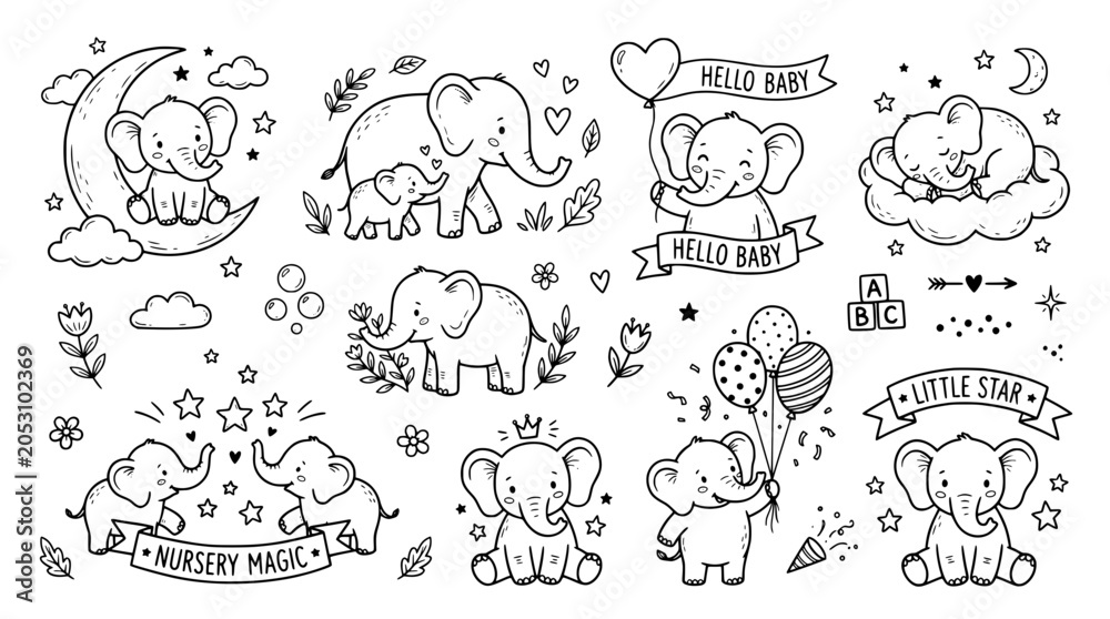 Obraz premium Cute baby elephant set, nursery wall art, vector illustration