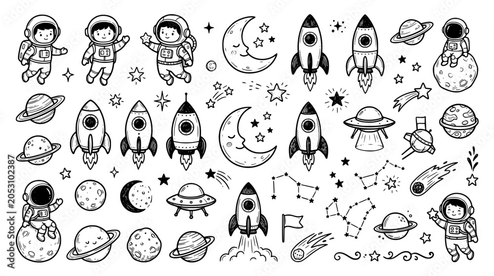 Fototapeta premium Set of hand drawn space elements