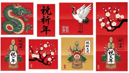 Traditional Chinese New Year red decorations with calligraphy, flowers, and zodiac symbols vector illustration