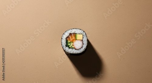 Overhead shot of a single sushi roll on a brown background