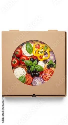 Overhead view of a delicious pizza with fresh vegetables and herbs in a box