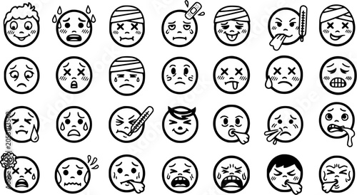 Canvastavla Black and White Line Art Medical Sickness Emoticons Set