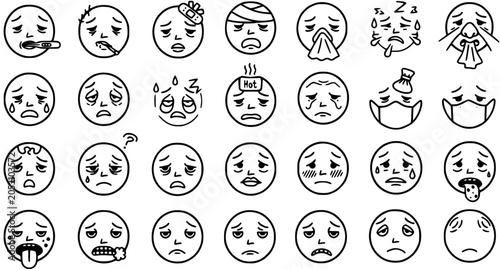 Obraz na plátně Medical Sickness Illness Emojis Line Art Icons Set