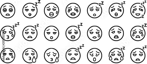 Valokuva Black and White Line Art Emoticons Showing Sadness, Crying, and Sleeping Faces