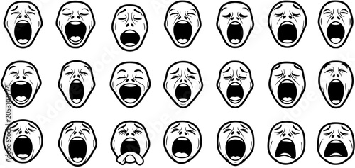 Valokuva Black and White Line Art Yawning Faces Icon Set, Expressing Fatigue and Boredom