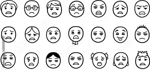 фотографія Black and white line art of 21 different facial expressions and emotions, set against a white background