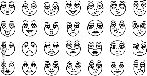 Bild auf Leinwand Black and White Line Art Emoticon Faces: Tired, Sleepy, Bored, Exhausted Express