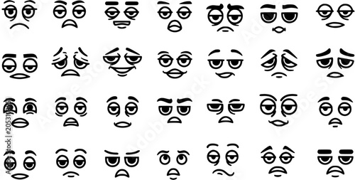 Canvastavla Black and White Line Art Collection of Expressive Cartoon Faces with Different E