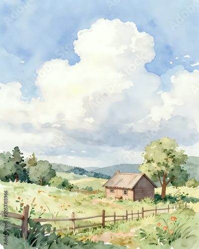 illustration à l'aquarelle d'un paysage de campagne anglais par un temps ensoleillé avec quelques nimbus blancs