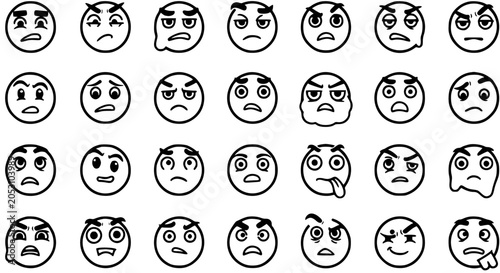 Fényképezés Black and White Line Art Emoticon Icons Set of Diverse Emotions