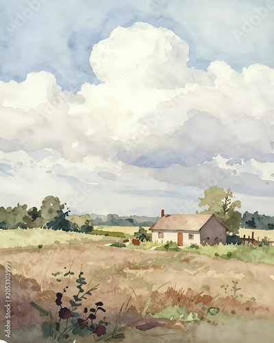 illustration à l'aquarelle d'un paysage de campagne anglais par un temps ensoleillé avec quelques nimbus blancs