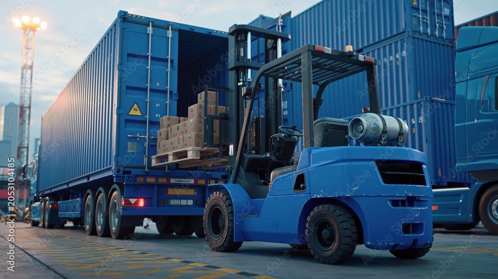 Naklejka premium Blue forklift loading cargo containers onto a semi trailer truck at a logistics port