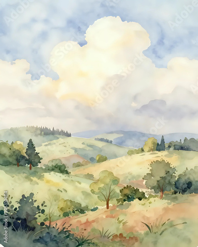 illustration à l'aquarelle d'un paysage de campagne anglais par un temps ensoleillé avec quelques nimbus blancs