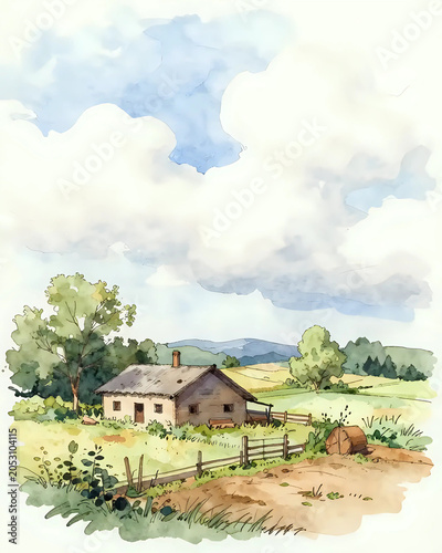 illustration à l'aquarelle d'un paysage de campagne anglais par un temps ensoleillé avec quelques nimbus blancs