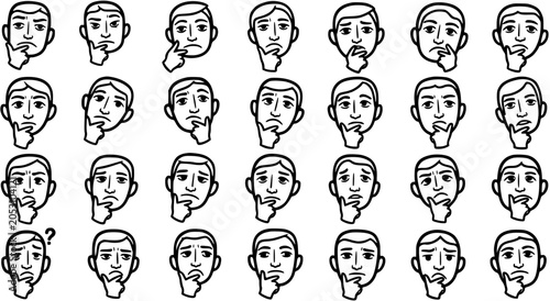 Photos Black  White Line Art Vector Icons Set: Diverse Human Faces Thinking