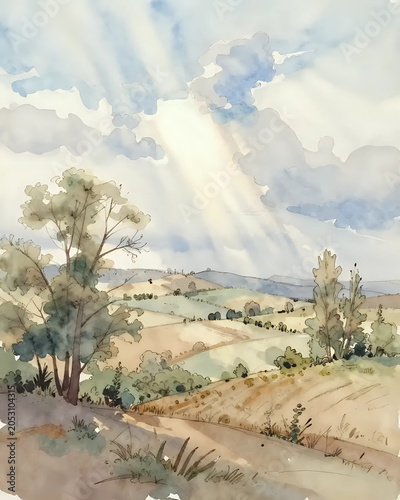 illustration à l'aquarelle d'un paysage de campagne anglais par un temps ensoleillé avec quelques nimbus blancs