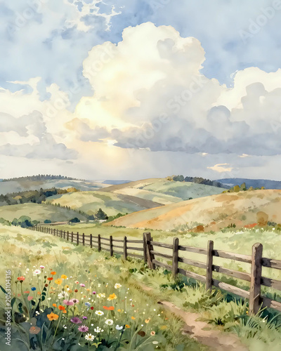 illustration à l'aquarelle d'un paysage de campagne anglais par un temps ensoleillé avec quelques nimbus blancs