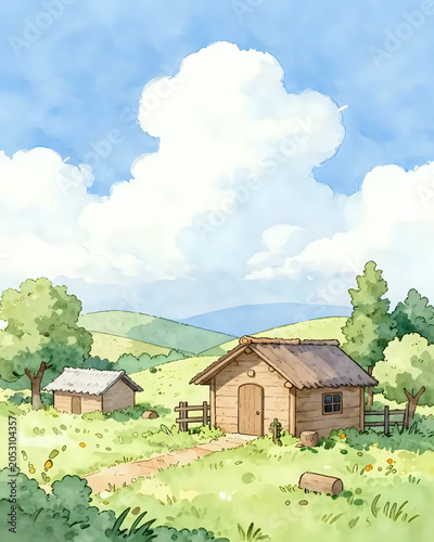 illustration à l'aquarelle d'un paysage de campagne anglais par un temps ensoleillé avec quelques nimbus blancs