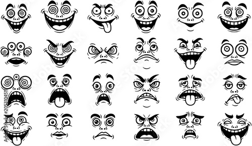 Fotografie Black and White Line Art of Cartoon Faces with Various Expressions