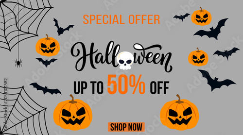 Halloween sale banner with pumpkins bats and skull text design.