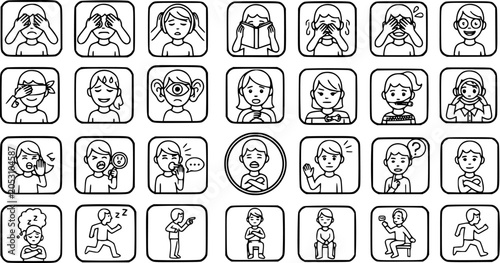 Canvastavla Black and White Line Art Icons of People Expressing Emotions and Actions