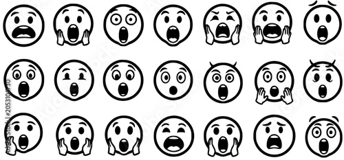 Fotografie Black and White Line Art of Various Screaming or Surprised Emoticons for Emotive