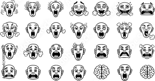 Bild auf Leinwand Black and White Line Art of Screaming Faces Expressing Shock, Surprise, and Ange