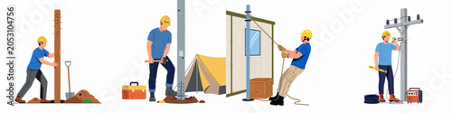 Bild auf Leinwand Set of illustrations depicting workers installing posts, constructing temporary buildings, and maintaining electrical utility infrastructure with tools and safety equipment