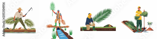Foto Set of illustrations showing plantation workers harvesting and managing palm oil fronds near irrigation canals in a flat vector style
