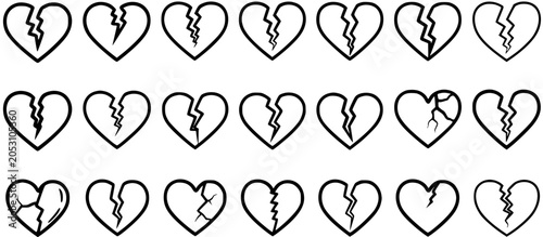Tableau sur toile Set of Black and White Line Art Broken Heart Icons, Symbolizing Sadness and Hear